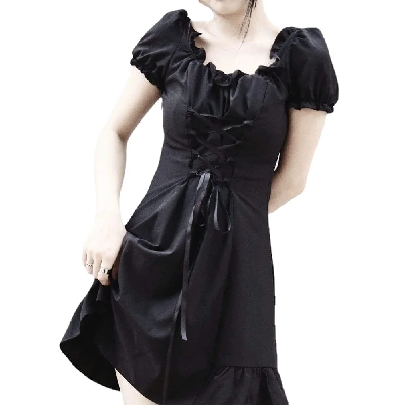 The Epitome Of Modern Women's Fashion Women's Grunge Puff Sleeve Lace-up JK Black Dress