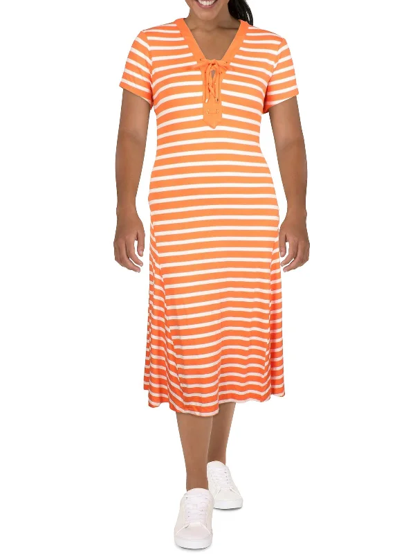 Summer Deals Womens Striped Lace-Up Midi Dress